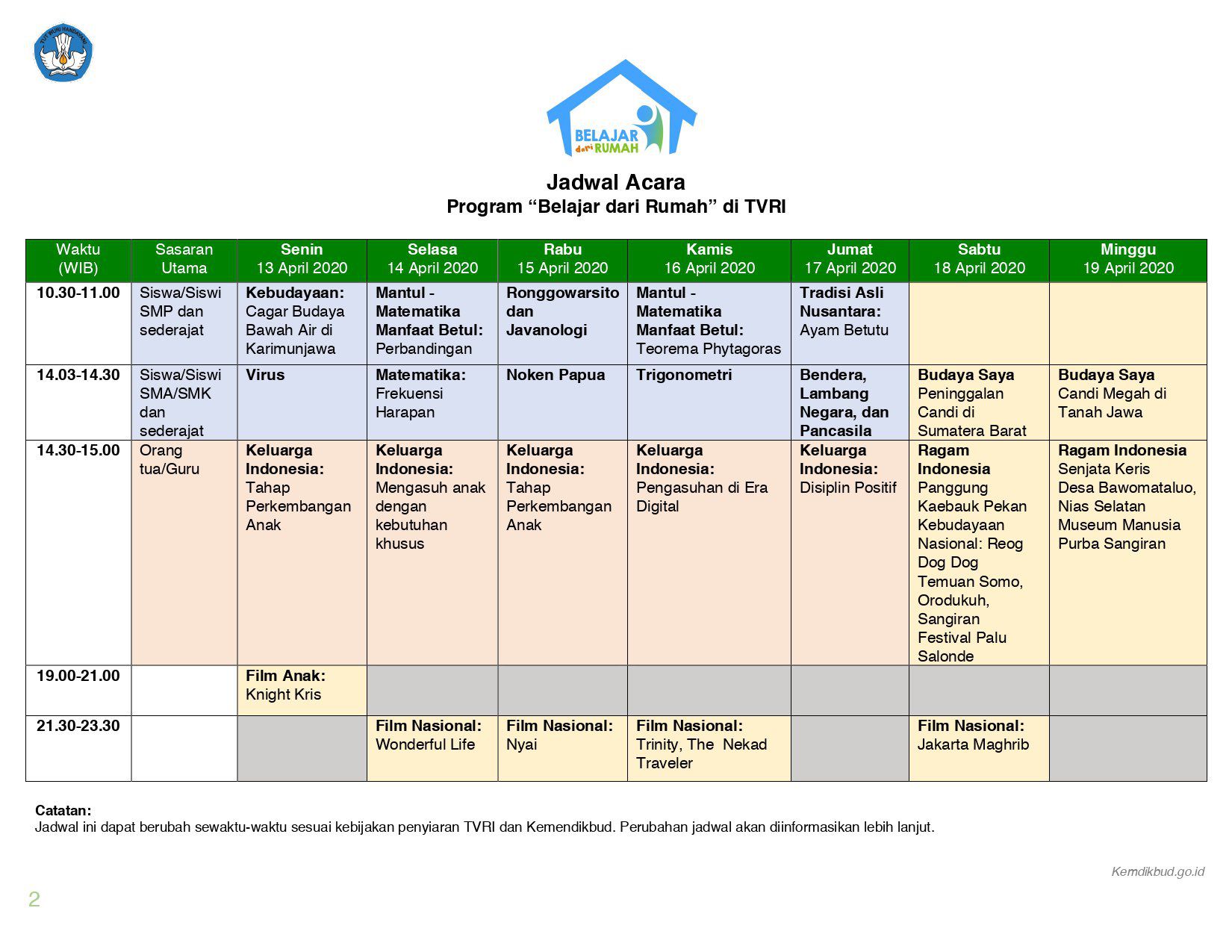 Jadwal program 'Belajar dari Rumah'