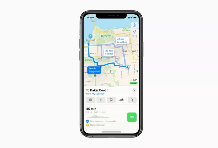 Peta rute sepeda pada Apple Maps