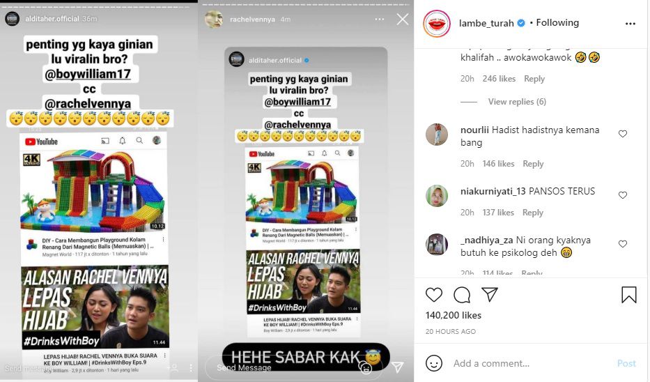 Postingan Lambe Turah Tentang Instagram Story Aldi Taher dan Rachel Vennya