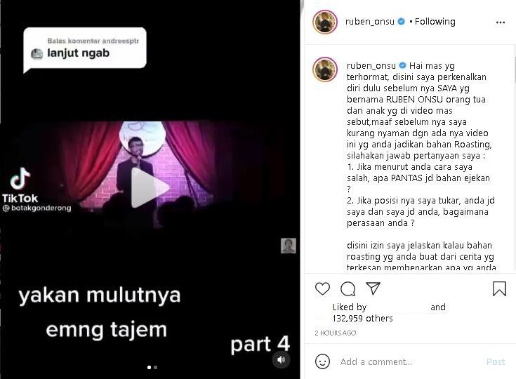 Ruben Onsu protes Ridwan Remin yang sebut nama sang putra dalam materi stand up comedy-nya