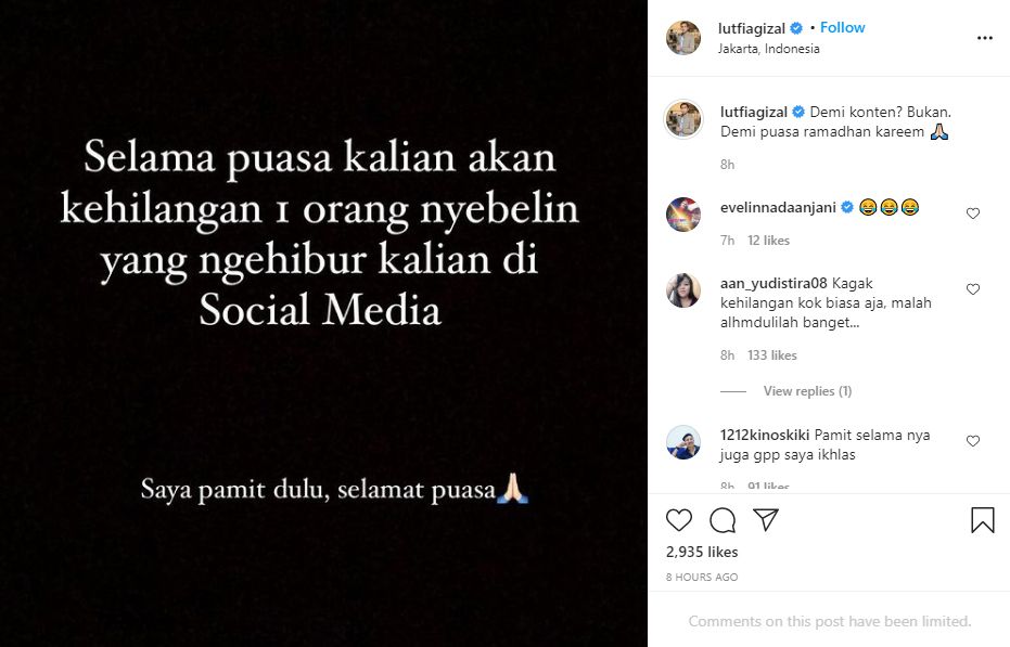 Lutfi Agizal pamit sementara dari Instagram
