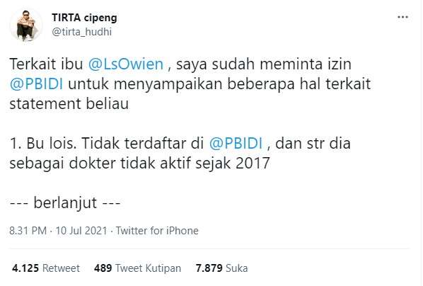 Unggahan Twitter Dokter Tirta