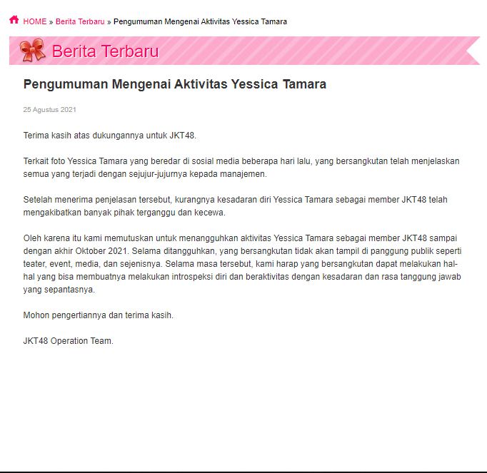 Pengumuman manajemen JKT48 tentang Yessica Tamara
