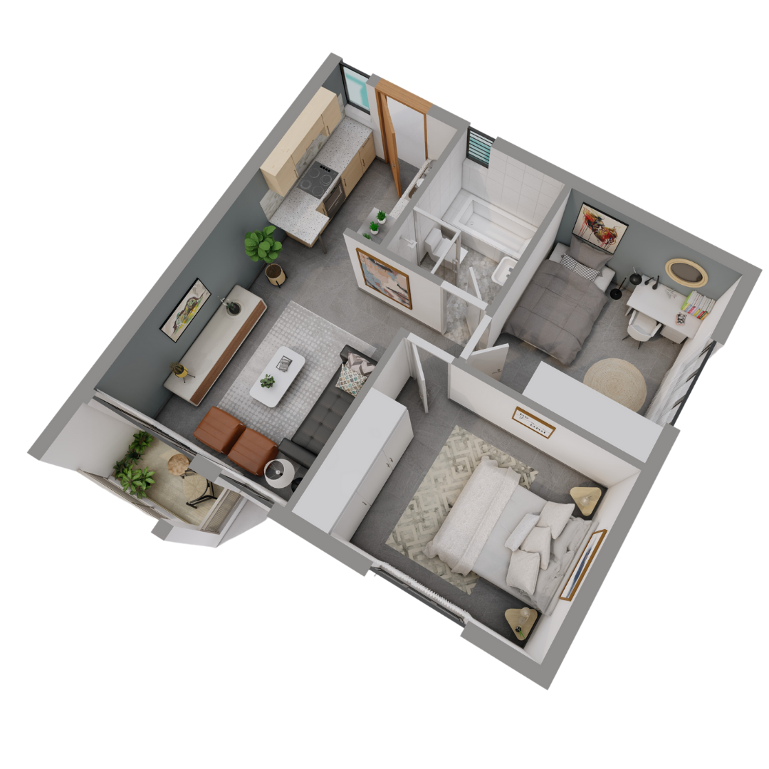 Denah Rumah Minimalis 2 Kamar Tidur 6x8 dengan Dapur Memanjang