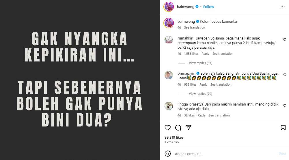 Baim kepikiran punya istri dua