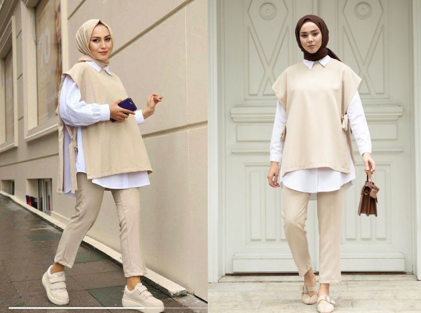 Ide Outfit Kerja Hijab buat WAnita 40-an - Kemeja dengan Rompi Warna Netral
