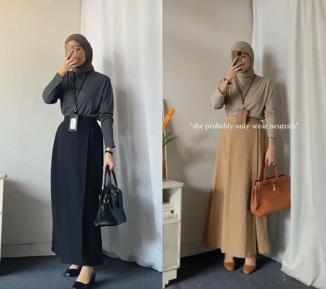 Ide Outfit Kerja Hijab buat WAnita 40-an - Rok Warna Netral