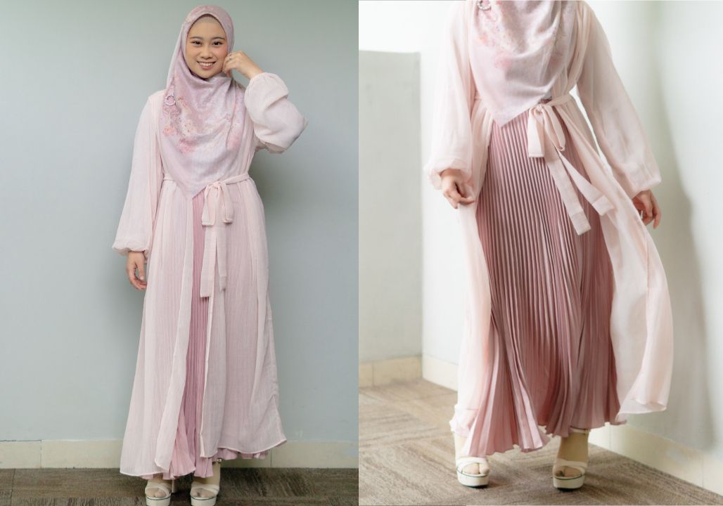 Outfit Kerja Hijab Syari dengan Dress Plisket dan Outer