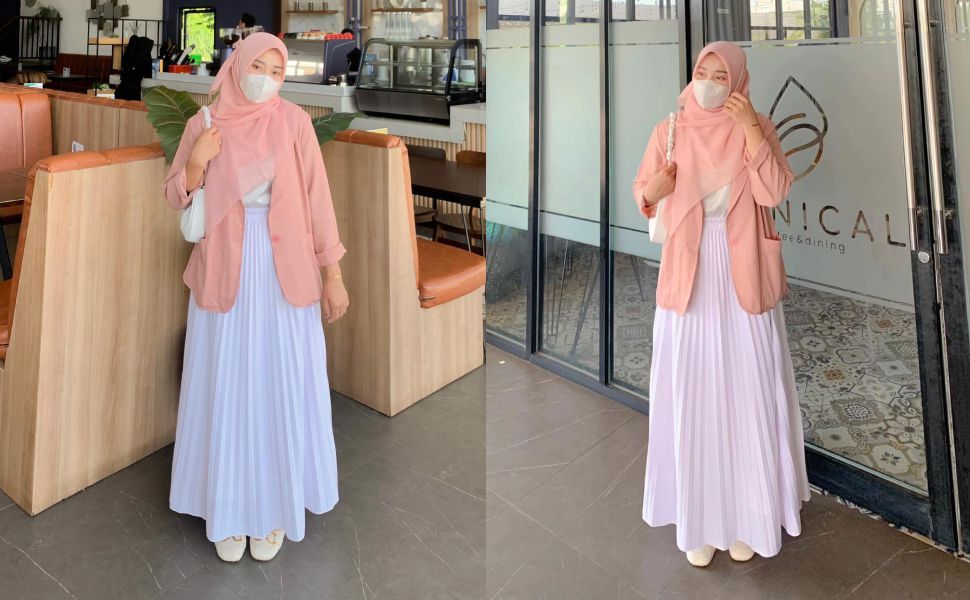 Outfit Kerja Hijab Syari - Blazer dan Rok Plisket