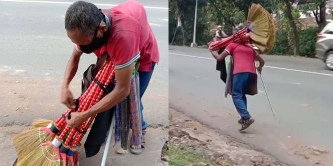 Meski Gemetaran saat Jalan, Bapak Ini Pikul Sapu dan Tempuh Jarak yang Jauh untuk Jualan