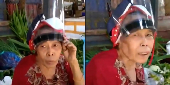Nenek Kocak Ini Gunakan Face Shield Secara Terbalik, Netizen: Sehat Selalu ya Mbah