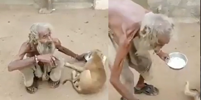 Meski Hidup Kekurangan dan Menjadi Pengemis, Kakek Ini Masih Mau Berbagi Makanan dengan Anjing