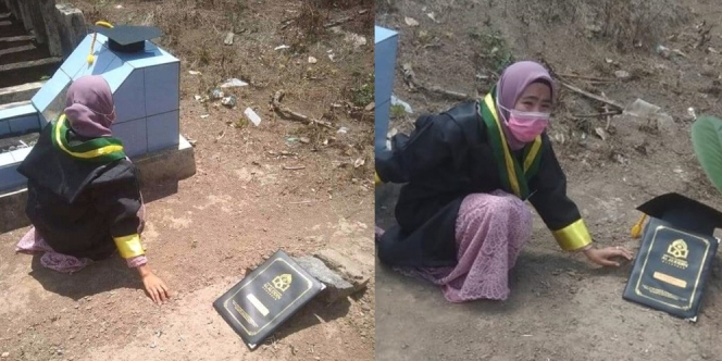 Bikin Haru, Mahasiswi UIN Alauddin Ini Makassar Pose di Makam Orang Tua saat Wisuda