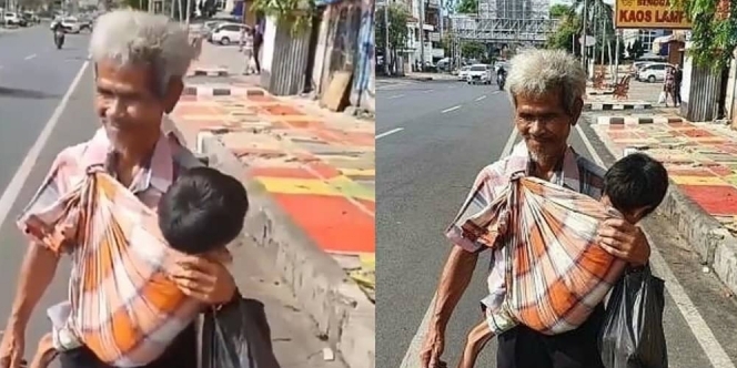 Tak Tahu Tujuan, Kakek Buta dan Tuli Ini Gendong Bocah Difabel di Jalanan dengan Bawa Bekal Seadanya