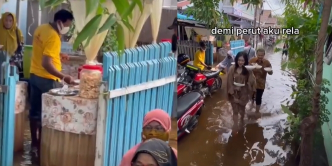 Terjang Banjir, Perjuangan Wanita Ambil Makanan di Kondangan Ini Tuai Perhatian Netizen