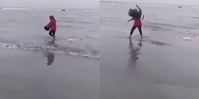 Viral Emak-Emak Buang Sampah Sembarangan Satu Ember ke Laut, Banjir Hujatan Netizen