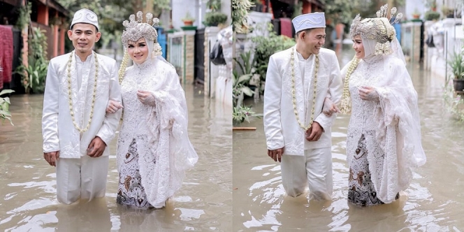 Pasangan Pengantin Ini Tetap Menikah di Tengah Banjir, Potretnya Curi Perhatian