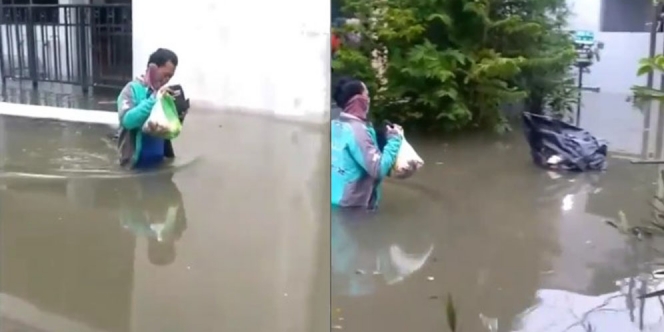 Perjuangan Bapak Ojol, Tetap Antarkan Pesanan Walau Harus Lewati Banjir Tinggi