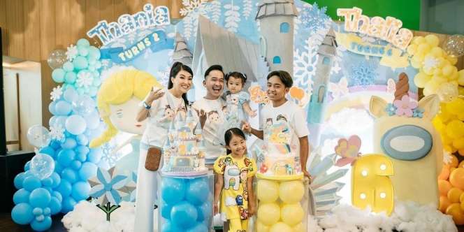 7 Momen Ulang Tahun Thalia dan Thania Putri Ruben Onsu Bertema 'Among Us Unicorn'