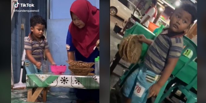 Anak Saleh Banget, Potret Balita yang Cekatan Bantu Ibu Saat Jualan Makanan