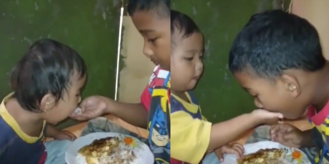 Bocah Kakak Beradik Ini Saling Suap Makan Nasi Kecap, Meski Sederhana tapi Tetap Bahagia