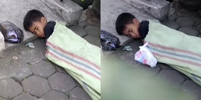 Potret Pilu Seorang Bocah Tidur Berselimut Karung di Pinggir Jalan, Bikin Hati Sedih