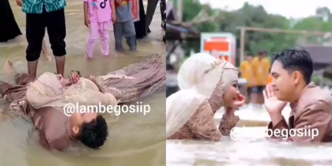 Pelaminan Kebanjiran, Pengantin Ini Sekalian Foto Nikah di Genangan Air sambil Tiduran