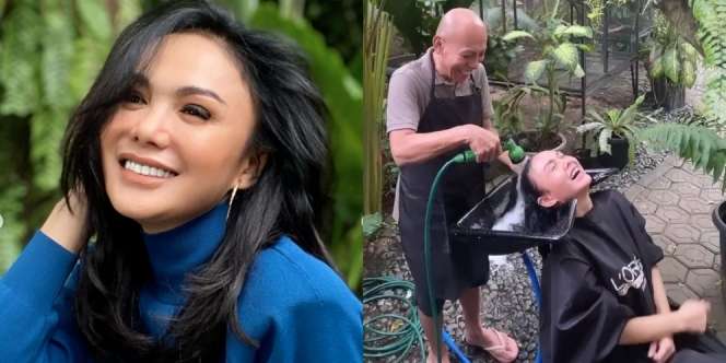 7 Potret Yuni Shara Keramas di Kebun Rumah, Gak Malu Meski Pakai Selang Tanaman!