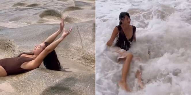 Niatnya Tampil Estetik Kenakan Swimsuit, Ini 10 Momen Jennifer Bachdim Tergulung Ombak saat Pemotretan di Pantai