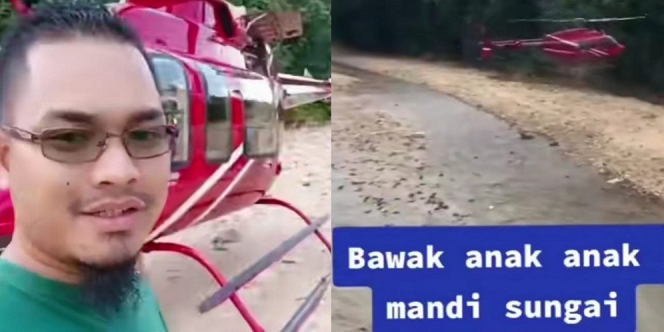 Viral Pria Ajak Anak Mandi di Sungai Naik Helikopter, The Real Sultan nih!