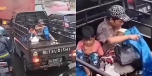 Bikin Sedih, Bapak Ini Berusaha Lindungi Dua Anaknya dari Guyuran Hujan hingga Banjir Simpati Netizen