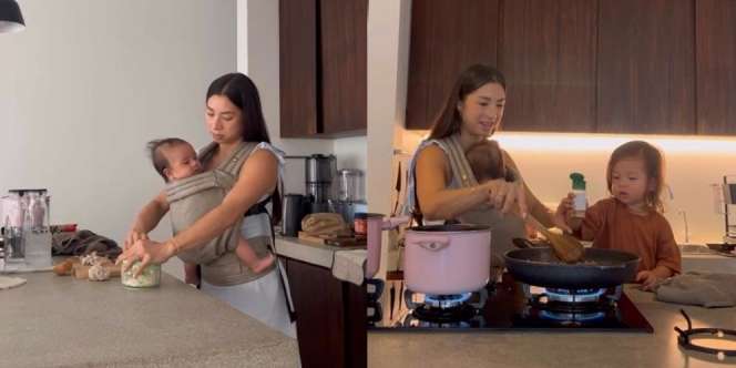 Definisi Super Mom, Ini Deretan Potret Jennifer Bachdim Cekatan Memasak Sambil Gendong Anak