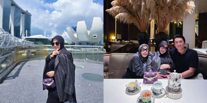 8 Foto Syahrini di Singapura Bareng Suami dan Ibunda, Bumil Tampil Makin Manja!