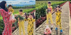 Foto Momen Ryana Dea Ajak Anak Panen Sayur di Kebun, Seru Petik Terong Sampai Cabut Bawang