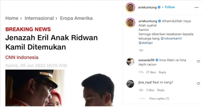 8 Artis Ikut Berduka Setelah Penemuan Jenazah Putra Ridwan Kamil, Yakin Eril Meninggal Secara Syahid
