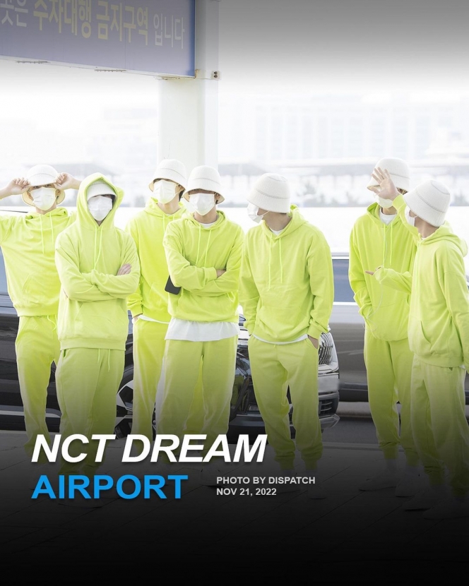 Tampil Gonjreng di Bandara, Member NCT DREAM Kompak Pakai Setelan Warna Hijau Neon dan Bucket Hat Putih