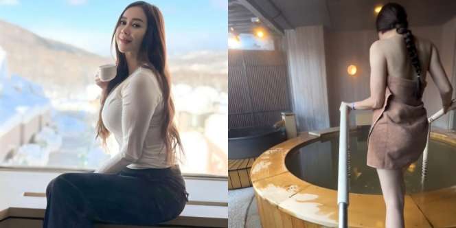 Begini Momen Aura Kasih Mandi di Outdoor Onsen, Berendam Dikelilingi Salju Cuma Pakai Handuk!